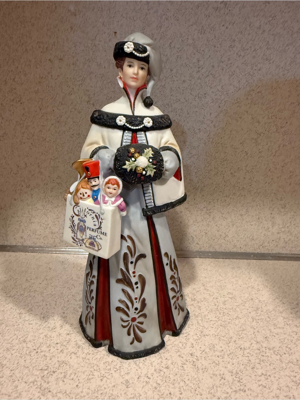 Decorative Victorian Lady Figurine in White and Black with Red Accents